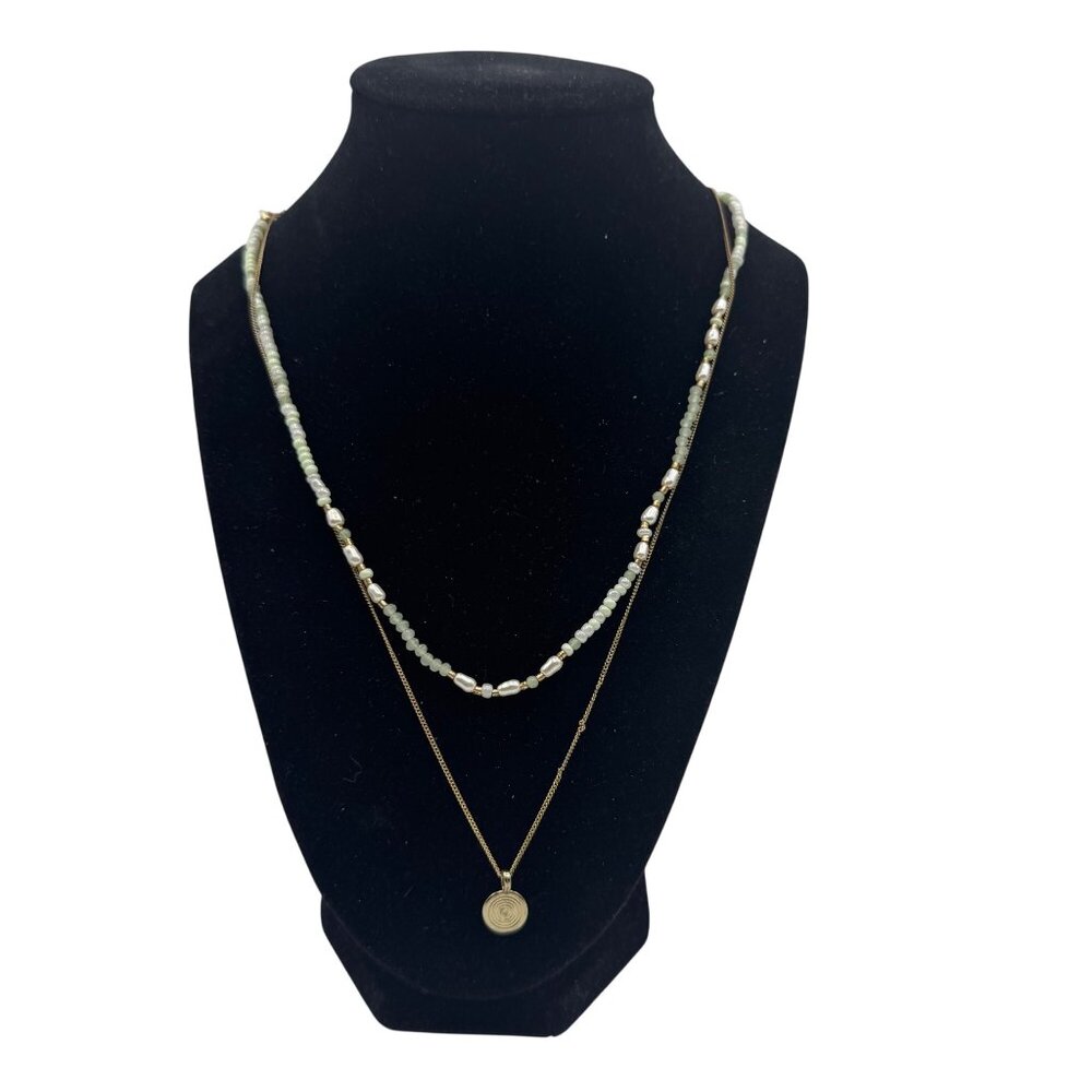 Delicate Double Layered Green and Gold Beaded Pendant Necklace Pearls